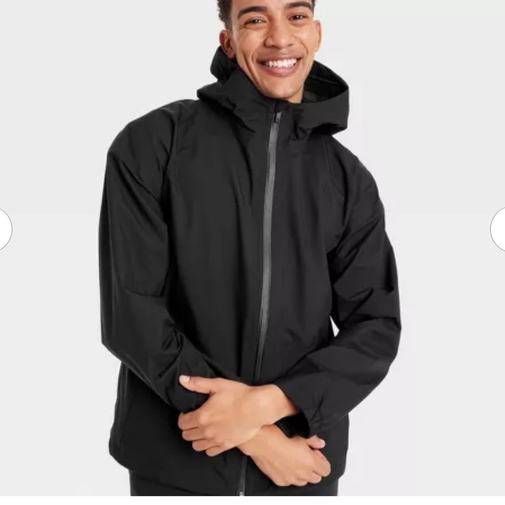 Men's All in Motion Black Hooded Waterproof Windbreaker Jacket sz L NWOT